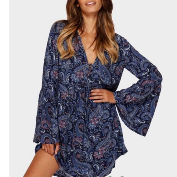 TIGERLILY Mayfield Paisley Blue Bell Sleeve Smock Mini Dress RRP$190 - Picture 2 of 16